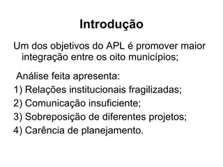 Introdução Um dos objetivos do APL é promover maior integração entre os oito municípios; Análise feita apresenta:  1) Relações institucionais fragilizadas; 2) Comunicação insuficiente; 3) Sobreposição de diferentes projetos; 4) Carência de planejamento. 