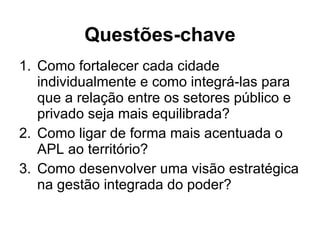Questões-chave Como fortalecer cada cidade individualmente e como integrá-las para que a relação entre os setores público e privado seja mais equilibrada? Como ligar de forma mais acentuada o APL ao território? Como desenvolver uma visão estratégica na gestão integrada do poder? 