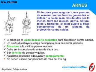 Cinturones para asegurar a una persona de manera que las fuerzas generadas al detener la caída sean distribuidas por lo menos entre los muslos, pelvis, cintura, tórax y hombros, al estar sujeto a otros componentes de un sistema de protección contra caídas. El arnés es el  único accesorio aceptable  para protección contra caídas. Un arnés distribuye la carga de impacto para minimizar lesiones. Posiciona  a la víctima para el rescate. Debe ser inspeccionado antes de cada uso. Ser  sencillo  de colocar y quitar. Ajustarse al usuario adecuada y  cómodamente. No deben usarse por personas de mas de 135 Kg. ARNES 