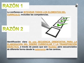La confianza en INTEGRAR TODOS LOS ELEMENTOS DEL
CURRICULO, incluidas las competencias.
Identificación clara de una SECUENCIA ORIENTATIVA PARA LA
ELABORACIÓN DEL DISEÑO CURRICULAR Y LA TRANSPOSICIÓN
DIDÁCTICA, a través de pasos que son flexibles pero secuenciados
de diferente forma desde la autonomía de los centros.
 