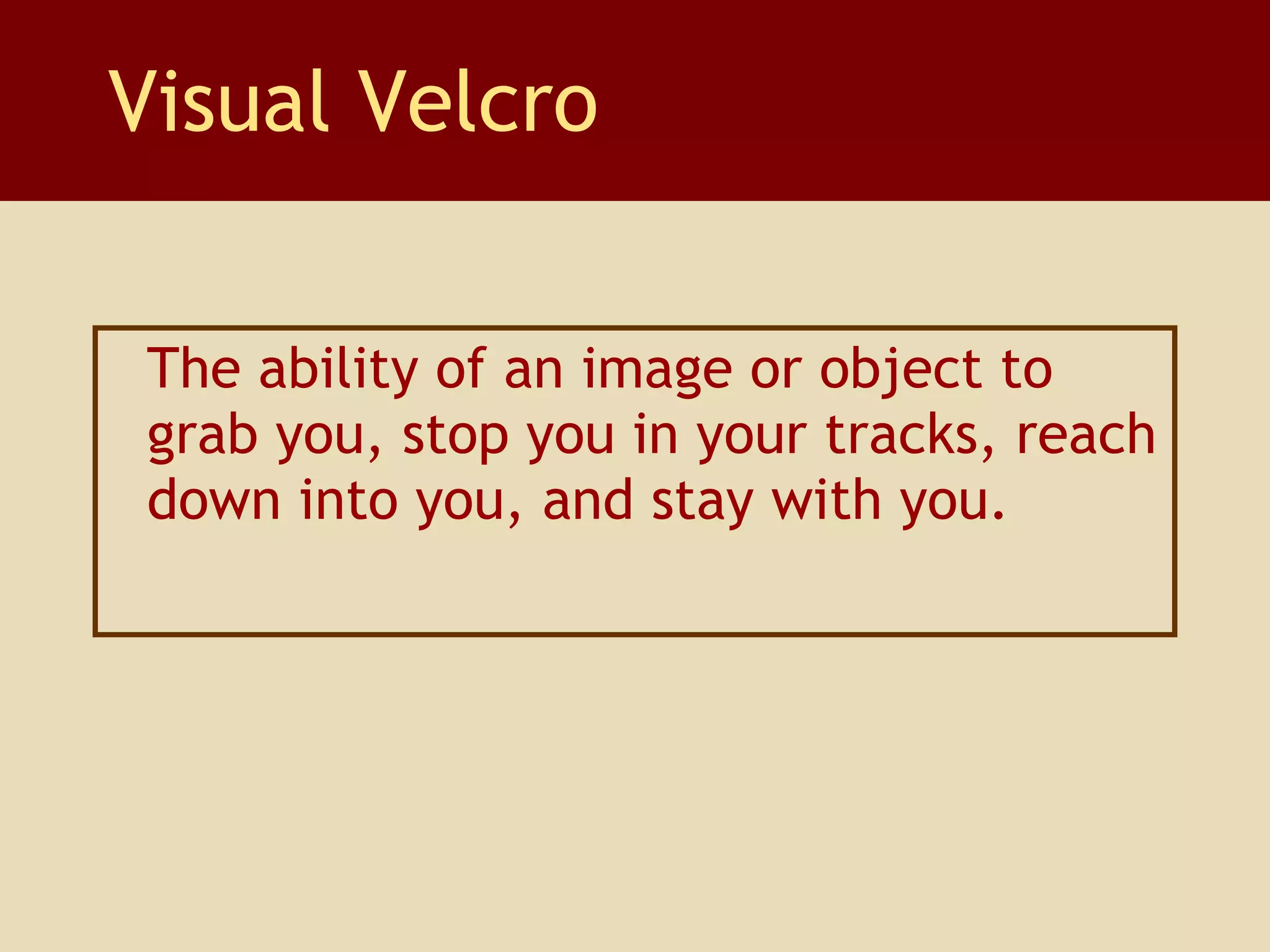 The ability of an image or object to grab you, stop you in your tracks, reach down into you, and stay with you. Visual Velcro 