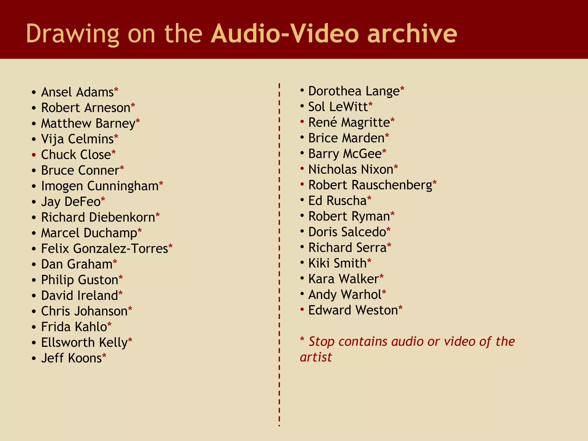 Drawing on the  Audio-Video archive Ansel Adams * Robert Arneson * Matthew Barney * Vija Celmins * Chuck Close *   Bruce Conner * Imogen Cunningham *   Jay DeFeo *   Richard Diebenkorn * Marcel Duchamp * Felix Gonzalez-Torres * Dan Graham * Philip Guston * David Ireland * Chris Johanson * Frida Kahlo * Ellsworth Kelly * Jeff Koons * Dorothea Lange *   Sol LeWitt * René Magritte * Brice Marden * Barry McGee * Nicholas Nixon *  Robert Rauschenberg * Ed Ruscha * Robert Ryman * Doris Salcedo * Richard Serra * Kiki Smith * Kara Walker * Andy Warhol * Edward Weston * *  Stop contains audio or video of the artist 