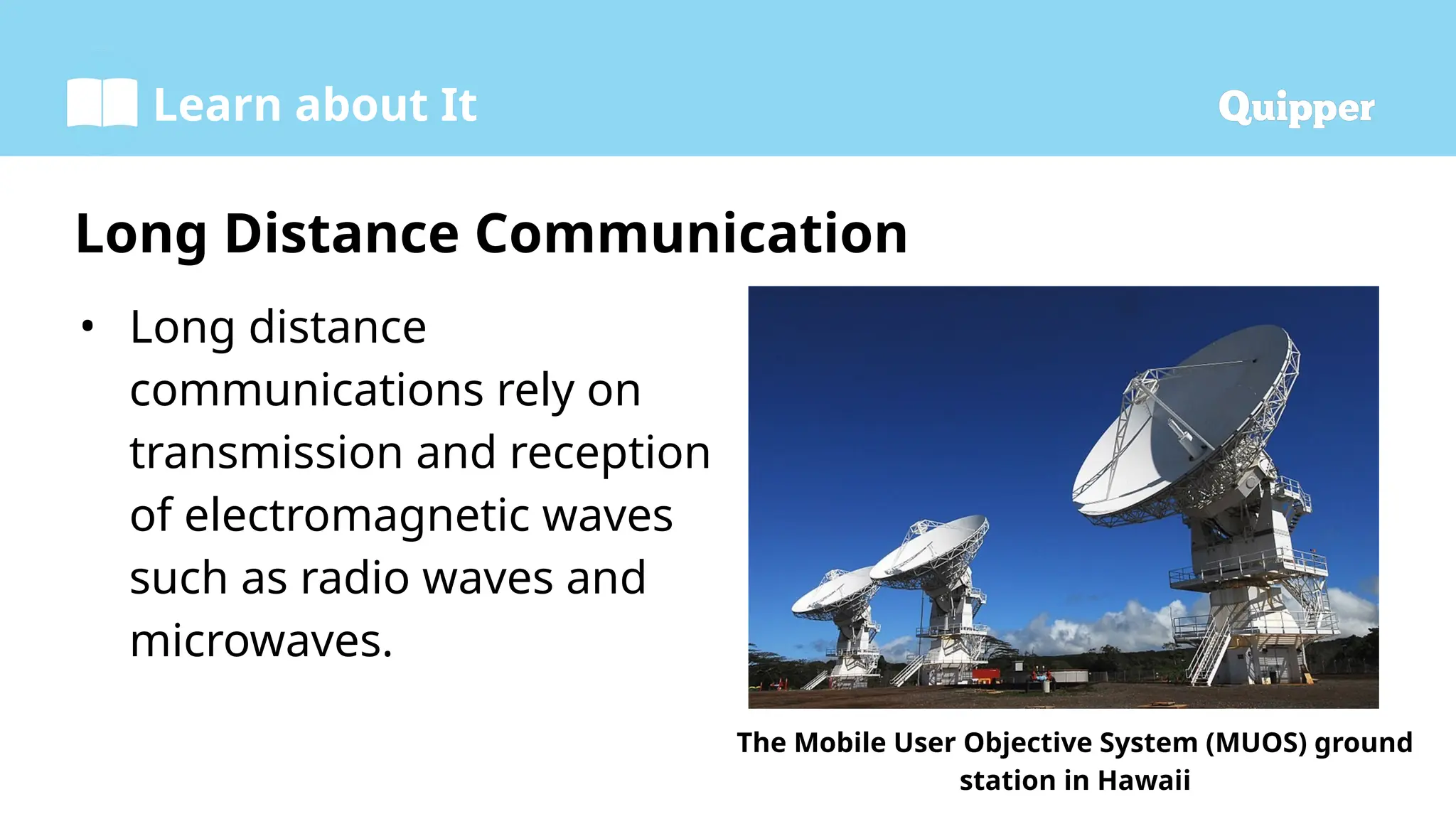 Learn about It
• Long distance
communications rely on
transmission and reception
of electromagnetic waves
such as radio waves and
microwaves.
Long Distance Communication
The Mobile User Objective System (MUOS) ground
station in Hawaii
 