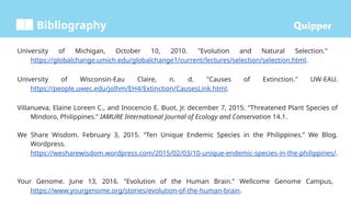 Bibliography
University of Michigan, October 10, 2010. "Evolution and Natural Selection."
https://globalchange.umich.edu/globalchange1/current/lectures/selection/selection.html.
University of Wisconsin-Eau Claire, n. d. "Causes of Extinction." UW-EAU.
https://people.uwec.edu/jolhm/EH4/Extinction/CausesLink.html.
Villanueva, Elaine Loreen C., and Inocencio E. Buot, Jr. december 7, 2015. “Threatened Plant Species of
Mindoro, Philippines.” IAMURE International Journal of Ecology and Conservation 14.1.
We Share Wisdom. February 3, 2015. “Ten Unique Endemic Species in the Philippines.” We Blog.
Wordpress.
https://wesharewisdom.wordpress.com/2015/02/03/10-unique-endemic-species-in-the-philippines/.
Your Genome. June 13, 2016. "Evolution of the Human Brain." Wellcome Genome Campus,
https://www.yourgenome.org/stories/evolution-of-the-human-brain.
 
