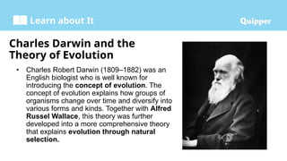 Learn about It
Charles Darwin and the
Theory of Evolution
• Charles Robert Darwin (1809–1882) was an
English biologist who is well known for
introducing the concept of evolution. The
concept of evolution explains how groups of
organisms change over time and diversify into
various forms and kinds. Together with Alfred
Russel Wallace, this theory was further
developed into a more comprehensive theory
that explains evolution through natural
selection.
 