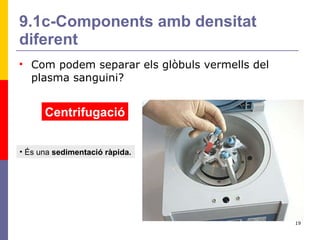 9.1c-Components amb densitat diferent Com podem separar els glòbuls vermells del plasma sanguini? Centrifugació És una  sedimentació ràpida. 