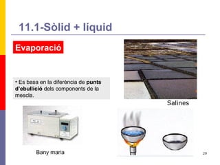 Evaporació Es basa en la diferència de  punts d’ebullició  dels components de la mescla.  Salines 11.1-Sòlid + líquid 