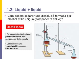Com podem separar una dissolució formada per alcohol etílic i aigua (components del vi)? 1.2- Líquid + líquid Destil·lació Es basa en la diferència de  punts d’ebullició  dels components de la mescla. Consisteix en una  vaporització  i posterior  condensació . 