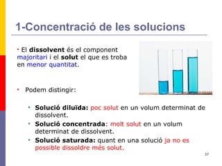 Podem distingir: Solució diluïda:  poc solut  en un volum determinat de dissolvent. Solució concentrada :  molt solut  en un volum determinat de dissolvent. Solució saturada:  quant en una solució  ja no es possible dissoldre més solut. 1-Concentració de les solucions El  dissolvent  és el component  majoritari  i el  solut  el que es troba en  menor quantitat. 