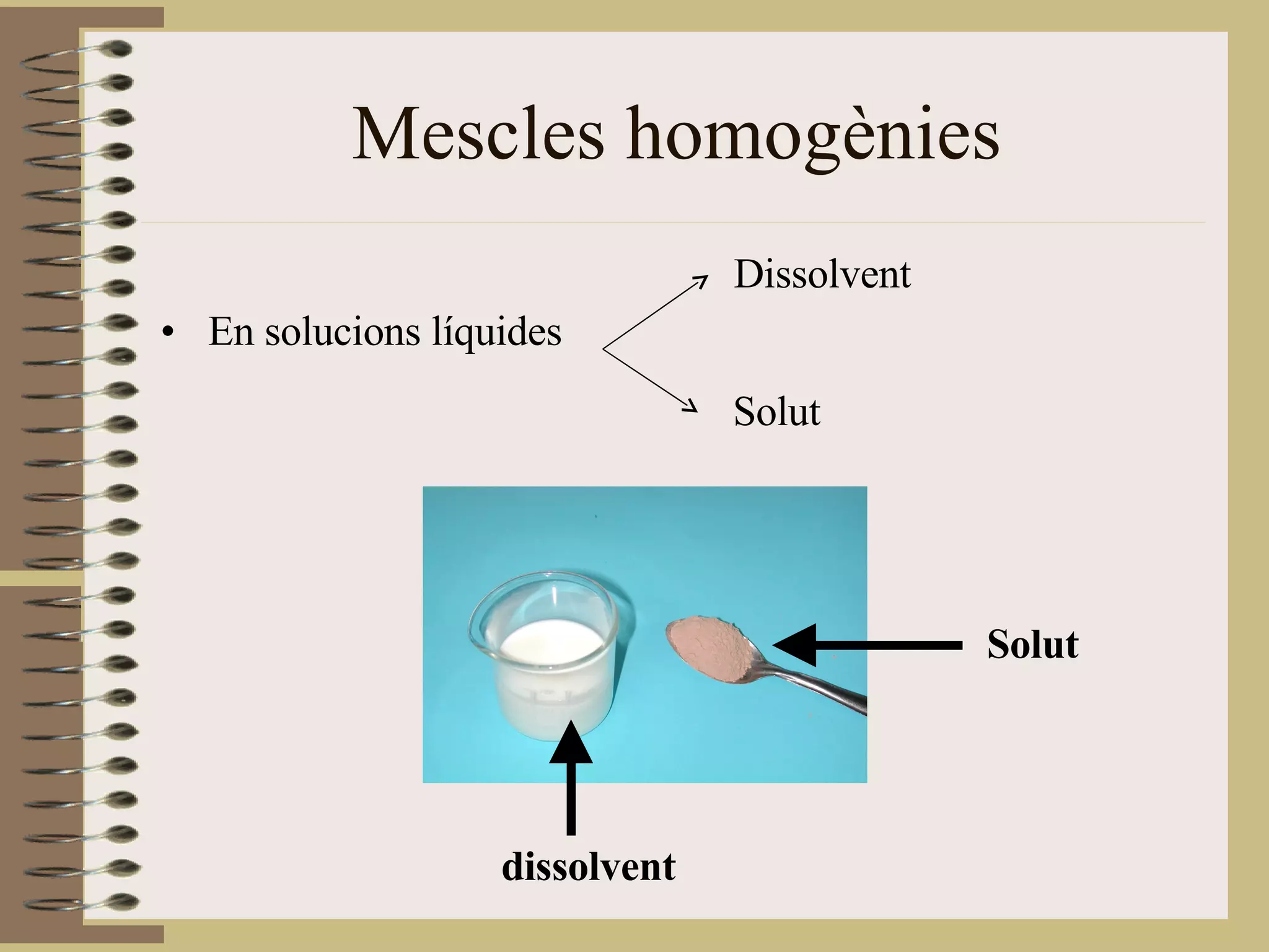Mescles homogènies En solucions líquides Solut dissolvent Dissolvent Solut 