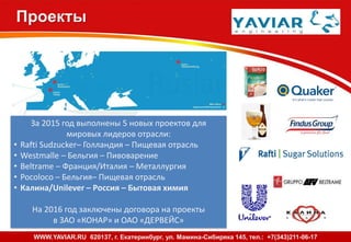 Проекты
За 2015 год выполнены 5 новых проектов для
мировых лидеров отрасли:
• Rafti Sudzucker– Голландия – Пищевая отрасль
• Westmalle – Бельгия – Пивоварение
• Beltrame – Франция/Италия – Металлургия
• Pocoloco – Бельгия– Пищевая отрасль
• Калина/Unilever – Россия – Бытовая химия
На 2016 год заключены договора на проекты
в ЗАО «КОНАР» и ОАО «ДЕРВЕЙС»
WWW.YAVIAR.RU 620137, г. Екатеринбург, ул. Мамина-Сибиряка 145, тел.: +7(343)211-06-17
 