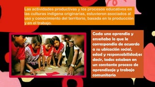 Las actividades productivas y los procesos educativos en
las culturas indígena originarias, estuvieron asociados al
uso y conocimiento del territorio, basada en la producción
y en el trabajo.
Cada uno aprendía y
enseñaba lo que le
correspondía de acuerdo
a su ubicación social,
edad y responsabilidad;es
decir, todos estaban en
un constante proceso de
aprendizaje y trabajo
comunitario.
 
