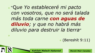 “Que Yo estableceré mi pacto
con vosotros, que no será talada
más toda carne con aguas de
diluvio; y que no habrá más
diluvio para destruir la tierra”

 (Bereshít 9:11)
Moreh Meir CanalesKehilah Melech Hakavod
 