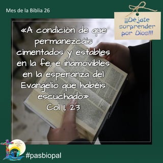 «A condición de que
permanezcáis
cimentados y estables
en la fe, e inamovibles
en la esperanza del
Evangelio que habéis
escuchado»
Col 1, 23
#pasbiopal
Mes de la Biblia 26
 