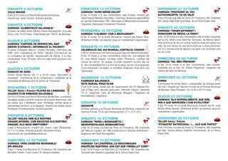 DIMARTS 4 OCTUBRE
CICLE INDOOR
A les 9.15 hores a la Piscina Municipal de Benissa.
Impartit per Javier Gómez. Activitat gratuïta.
DIMARTS 4 OCTUBRE
XARRADA “ALIMENTACIÓ SALUDABLE”
A càrrec de Mario-Solón Muñoz Iborra (farmacèutic). A la sala
Arxiu, a les 18.30 hores. Organitzada per l’AECC de Benissa.
DIJOUS 6 OCTUBRE
XARRADA “CARTERA DE SERVEIS DEL SAIP
(SERVEI D’ATENCIÓ I INFORMACIÓ AL PACIENT)”
A càrrec d’Angeles Alarcón i Esther González, infermeres del
SAIP, amb l’assistència de Pedro Cervera (Comissionat de
la Conselleria de Sanitat, departament de Dénia). A la Seu
Universitària. A les 18 hores. Informa’t dels drets que tens com
a pacient!
DIJOUS 6 OCTUBRE
DONACIÓ DE SANG
Centre Social Bèrnia. De 17 a 20.30 hores. Recordem la
necessitat i importància de la col·laboració i solidaritat de la
ciutadania de Benissa amb el Centre de Transfusió.
DIVENDRES 7 OCTUBRE
TALLER Teòric i Pràctic: PILATES EN L’EMBARÀS.
GAUDEIX D’UN EMBARÀS SALUDABLE
De 19 a 20 hores a la Piscina Municipal de Benissa. La pràctica
de pilates ajuda a enfortir músculs de la paret abdominal i del
sòl pelvià que s’afebleixen amb l’embaràs; també ajuda a
descarregar tensions i a la relaxació. Impartit per Noelia Leyda
Rodríguez (Fisioterapeuta). Activitat gratuïta.
DISSABTE 8 OCTUBRE
TALLER “DIÀLEG AMB ELS NOSTRES
ÒRGANS INTERNS. COM ESCOLTAR ELS NOSTRES
ÒRGANS I ELS SEUS SÍMPTOMES”
Casal d’Associacions. Impartit per Joanvi Capó (Terapeuta).
D’11 a 13 hores. Activitat gratuïta. Aforament limitat.
Inscripcions en sanidad@ajbenissa.es.
DIMECRES 13 OCTUBRE
XARRADA “(PRE) DIABETES REVERSIBLE”
(EN ANGLÉS)
A les 11 hores a la Sala Arxiu (C/ Puríssima, 39). Impartida per
Nicolette Ottolini, Food Coach. En llengua anglesa.
DIMECRES 13 OCTUBRE
XARRADA “VIURE SENSE DOLOR”
A les 19 hores a la Seu Universitària, sala d’actes. Impartit per
David García Alemany (Sociòleg, Coaching i terapeuta especialitzat
en hipnosi Eriksoniana, PNL i tècniques d’alliberament emocional).
Organitza: Associació Creixement Personal.
DIVENDRES 14 OCTUBRE
XARRADA “L’ALIMENT COM A MEDICAMENT”
A les 19 hores. En la tenda Biomercat. Impartit per Marco Silva.
Aforament limitat, cal reservar plaça en l’establiment organitzador.
DISSABTE 15 OCTUBRE
CELEBRACIÓ DEL DIA MUNDIAL CONTRA EL CÀNCER
L’AECC de Benissa commemora aquest dia amb diferents activitats.
A les 19 hores a la Seu Universitària tindrà lloc una xarrada del
Dr. Joan Manel Gasent, oncòleg, sobre “Prevenció i profilaxi del
càncer de mama”. En acabar, el públic assistent acudirà des de
la Seu Universitària fins a la font de la plaça Jaume I acompanyats
d’una batucada i es llegirà un manifest; finalitzarà l’acte amb una
“globotada”.
DIUMENGE 16 OCTUBRE
CAMINADA SALUDABLE:
RUTA MARJAL PEGO-OLIVA
A les 8.30 hores, eixida des de l’aparcament del CP Manuel Bru
cap a Pego amb vehicles particulars. Dificultat mitjana i desnivell
70 m. Organitza: Club de Muntanya Margalló i Regidoria de
Normalització Lingüística.
DIMARTS 18 OCTUBRE
AQUAGYM
Activitat gratuïta a la Piscina Municipal de Benissa. Impartida per
Gemma Fornés. En el vas d’ensenyament. D’11 a 11.45 h.
DIMARTS 18 OCTUBRE
XARRADA “PARELL BIOMAGNÈTIC I
NEUROPSICOLOGIA BIOMAGNÈTICA”
A les 19.30 hores a la Sala de l’Arxiu (C/ Puríssima, 39). Impartida
per Manuel Copeiro del Villar (Llicenciat en Ciències Ambientals i
terapeuta del Parell Biomagnètic)
DIMECRES 19 OCTUBRE
XARRADA “LA LOGOPÈDIA, LA DESCONEGUDA
DISCIPLINA SANITÀRIA. QUÈ ÉS? QUÈ TREBALLA? COM?”
A les 19.30 hores a la Sala Arxiu (C/ Puríssima, 39). Impartida per
Graciela Gato Baidal (Logopeda) de la Clínica Espai Vital.
DIVENDRES 21 OCTUBRE
XARRADA “PROTEGINT EL TEU
AUTOCONCEPTE. TU HO VALS”
A les 19 hores a la Sala de l’Arxiu (C/ Puríssima, 39). Impartida
per Juanjo Sala Soler (psicòleg), de la Clínica Espai Vital.
DIMARTS 25 OCTUBRE
XARRADA “TRASPLANTAMENT I
DONACIONS DE MEDUL·LA ÒSSIA”.
A les 19.30 hores a la Seu Universitària, sala d’actes. Impartida
per la Dra. María José Sánchez Sempere, de Marina Salud.
Vine a informar-te de com donar medul·la òssia pot salvar una
vida, de com donar és una oportunitat per a dues persones:
per a tu, perquè pots fer alguna cosa gran i per al pacient que
es pot curar.
DIMECRES 26 OCTUBRE
XERRADA “VAL MÉS PREVENIR”
A les 19.30 hores a la Seu Universitària, sala d’actes.
Impartida per la Dra. M. Teresa Puigcerver, metgessa del
Centre de Salut de Benissa.
DIMECRES 26 OCTUBRE
ZUMBA
Combinació de ritmes llatins i coreografies de diverses parts
del món. Impartit per Gemma Fornés de la Piscina Municipal
de Benissa. Sala Polivalent. De 19.30 a 20.15 hores.
DIJOUS 27 OCTUBRE
XARRADA “ELS SUPERALIMENTS: QUÈ SÓN,
PER A QUÈ SERVEIXEN I COM S’UTILITZEN”
A les 18 hores. En la tenda Biomercat. Impartit per M. José
Borrás (Wise Nature). Aforament limitat, cal reservar plaça en
l’establiment organitzador.
DIVENDRES 28 OCTUBRE
TALLER Teòric i Pràctic
“ETIQUETAT NUTRICIONAL. I.... AÇÒ QUÈ PORTA?”
A les 19 hores, a la sala de l’Arxiu (C/ Puríssima, 39). Impartida
per Mar Tortosa Martos (Dietista nutricionista), de la Clínica
Espai Vital.
 