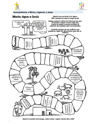 Acompañemos a María y sigamos a Jesús
RECLAMAS POR
LAS COMIDAS
Pierde unturno
NO VAS A
ACOSTARTE A
TIEMPO
Retrocede
dos espacios
RECICLA LA
BASURADE TU
HOGAR
Avanza unespacio
AYUDAA TU
VECINO
Avanza un espacio
ESCUCHA
ATENTAMENTE
AL SACERDOTE EN
LA EUCARSISTÍA
Gana un
turno
DILE A TUS
PADRES QUE
LOS AMAS
Avanza dos
espacios
REZA
CADA
MAÑANA
Avanza
un
espacio
HAZ
TUS
TAREAS
HOGAREÑAS
SIN
REGAÑAR
Avanza
dos
espacios
 