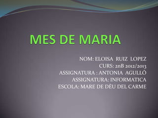 NOM: ELOISA RUIZ LOPEZ
CURS: 2nB 2012/2013
ASSIGNATURA : ANTONIA AGULLÓ
ASSIGNATURA: INFORMATICA
ESCOLA: MARE DE DÈU DEL CARME
 