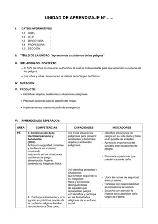 UNIDAD DE APRENDIZAJE Nº …..
I. DATOS INFORMATIVOS
1.1. UGEL :
1.2 I.E.P. :
1.3 DIRECTORA :
1.4 PROFESORA :
1.5 SECCIÓN :
II. TÍTULO DE LA UNIDAD: “Aprendemos a cuidarnos de los peligros”
III. SITUACIÓN DEL CONTEXTO:
• El 55% de niños no muestran autonomía, la cual es indispensable para que aprendan a cuidarse de
los peligros.
• Los niños y niñas, desconocen la historia de la Virgen de Fátima.
IV. DURACION:
V. PRODUCTO:
• Identifican objetos, sustancias y situaciones peligrosas
• Practican acciones para la gestión del riesgo.
• Implementamos nuestra mochila de emergencia.
VI. APRENDIZAJES ESPERADOS:
ÁREA COMPETENCIAS CAPACIDADES INDICADORES
PS 3. Construcción de la
Identidad personal y
Autonomía
(DCN)
Actúa con seguridad, iniciativa
y confianza en sí mismo
mostrando
autonomía en las actividades
cotidianas de juego,
alimentación, higiene,
cuidando su integridad física
4. Participa activamente y con
agrado en prácticas propias de
la confesión religiosa familiar,
reconociendo a Dios como
3.4. Evita situaciones
peligrosas para prevenir
accidentes y discrimina
objetos y ambientes
peligrosos.
3.5 Identifica personas y
situaciones
que brindan seguridad a
su integridad
física y emocional,
distinguiéndolas
de aquellas que
representan peligro.
4.2 Identifica y participa
en las festividades
religiosas de su entorno
social.
- Identifica situaciones de
peligro en su vida diaria y trata
en lo posible de evitarlas
- Aprecia la importancia del
cuidado ante situaciones de
peligro.
- Reconoce a personas que
pueden causarle daño.
- Ubica las zonas de seguridad
ante un sismo.
- Participa con responsabilidad
en simulacros de sismos.
- Escucha con atención la
historia de la aparición de la
virgen de Fátima.
 