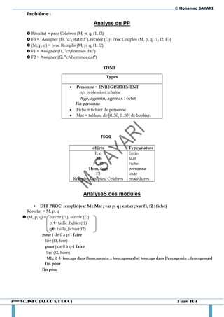 © Mohamed SAYARI
       Problème :
                                              Analyse du PP
        Résultat = proc Celebres (M, p, q, f1, f2)
        F3 = [Assigner (f3, "c:etat.txt"), recréer (f3)] Proc Couples (M, p, q, f1, f2, F3)
        (M, p, q) = proc Remplir (M, p, q, f1, f2)
        F1 = Assigner (f1, "c:femmes.dat")
        F2 = Assigner (f2, "c:hommes.dat")

                                                    TDNT

                                                      Types

                                    Personne = ENREGISTREMENT
                                      np, profession : chaîne
                                       Age, agemin, agemax : octet
                                  Fin personne
                                 Fiche = fichier de personne
                                 Mat = tableau de [0..50, 0..50] de booléen



                                                   TDOG

                                              objets               Types/nature
                                               P, q                Entier
                                                M                  Mat
                                              F1, f2               Fiche
                                            Hom, fem               personne
                                                F3                 texte
                                    Remplir, Couples, Celebres     procédures


                                         AnalyseS des modules

             DEF PROC remplir (var M : Mat ; var p, q : entier ; var f1, f2 : fiche)
      Résultat = M, p, q
      (M, p, q) = ouvrir (f1), ouvrir (f2)
                     p  taille_fichier(f1)
                     q taille_fichier(f2)
                pour i de 0 à p-1 faire
                  lire (f1, fem)
                  pour j de 0 à q-1 faire
                   lire (f2, hom)
                  M[i, j]  fem.age dans [hom.agemin .. hom.agemax] et hom.age dans [fem.agemin .. fem.agemax]
                  fin pour
                fin pour




4ème SC.INFO (ALGO & PROG)                                                                       Page 104
 
