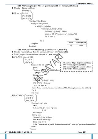 © Mohamed SAYARI
          DEF PROC couples (M : Mat ; p, q : entier ; var f1, f2 : fiche ; var f3 : texte)
       Résultat = Ecrire_nl(f3, nb)
                   Fermer (f3)
      (F3, nb) = nb  0
                   Ouvrir (f1)
                   Ouvrir (f2)
                           Pour i de 0 à p-1 faire
                               Pour j de 0 à q-1 faire
                                    si M[i, j] = vrai alors
                                             Pointer (f1, i), lire (f1, fem)
                                                   Pointer (f2, j), lire (f2, hom)
                                                   ecire_nl (f3, "(", hom.np, "," , fem.np, ")")
                                                   nb  nb + 1
                                                                                             TDOL
                                           fin si
                                                                                      objet   Types/Nature
                               fin pour
                            fin pour                                                   i, j      entier

          DEF PROC celebres (M : Mat ; p, q : entier ; var f1, f2 : fiche)
       Résultat = écrire ("l’age d’or des femmes célèbres = ", SFC div NFC)
       Écrire ("l’age d’or des hommes célèbres = ", SHC div NHC)
      (SFC, NFC)= ouvrir (f1)
                       SFC  0
                       NFC  0                                          - SFC : somme d’âges des femmes célèbres
                                Pour i de 0 à p-1 faire                 - NFC : nombre de femmes célèbres
                                   j0                                  - SHC : somme d’âges des hommes célèbres
                                                                        - NHC : nombre d’hommes célèbres
                                   Tant que M[i, j] = vrai et j<q faire
                                      j  j+1
                                   Fin tant que
                                  Si j = q alors
                                  Pointer (f1, i), lire (f1, fem)
                                  SFC  SFC + fem.age
                                    NFC  NFC + 1
                                  Ecrire ("nous avons le plaisir de vous informer Mlle.", fem.np,"que vous êtes célèbre")
                          Fin Si
                          Fin pour
      (SHC, NHC)= ouvrir (f2)
                   SHC  0
                   NHC  0
                                Pour j de 0 à q-1 faire
                                   i0
                                   tant que M[i, j] = vrai et i<p faire
                                               i  i+1
                                   Fin tant que
                                  Si i = p alors
                                  Pointer (f2, j), lire (f2, hom)
                                   SHC  SHC + hom.age
                                   NHC  NHC + 1
                                   Ecrire ("nous avons le plaisir de vous informer M.", hom.np,"que vous êtes célèbre")
                                Fin Si
                              Fin pour
4ème SC.INFO (ALGO & PROG)                                                                           Page 105
 