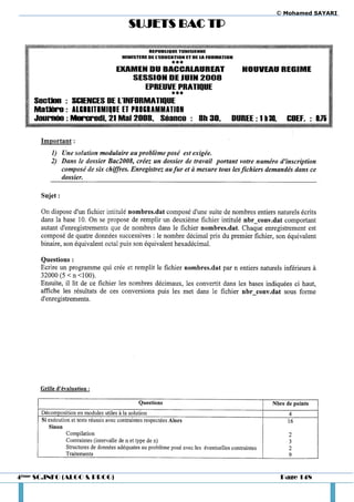 © Mohamed SAYARI

                             SUJETS BAC TP




4ème SC.INFO (ALGO & PROG)                    Page 148
 