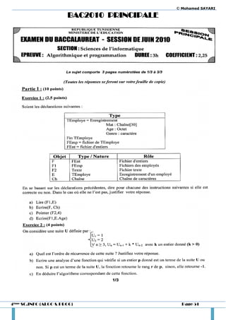 © Mohamed SAYARI

                       BAC2010 PRINCIPALE




4ème SC.INFO (ALGO & PROG)                    Page 51
 