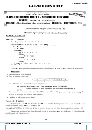 © Mohamed SAYARI

                         BAC2010 CONTROLE




4ème SC.INFO (ALGO & PROG)                    Page 54
 