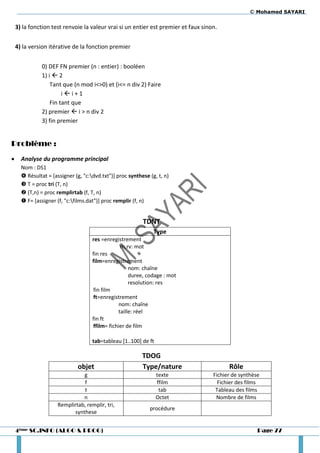 © Mohamed SAYARI

    3) la fonction test renvoie la valeur vrai si un entier est premier et faux sinon.


    4) la version itérative de la fonction premier


               0) DEF FN premier (n : entier) : booléen
               1) i  2
                   Tant que (n mod i<>0) et (i<= n div 2) Faire
                        ii+1
                   Fin tant que
               2) premier  i > n div 2
               3) fin premier


Problème :
     Analyse du programme principal
      Nom : DS1
       Résultat = [assigner (g, "c:dvd.txt")] proc synthese (g, t, n)
       T = proc tri (T, n)
       (T,n) = proc remplirtab (f, T, n)
       F= [assigner (f, "c:films.dat")] proc remplir (f, n)


                                                           TDNT
                                                                Type
                                     res =enregistrement
                                                 rh,rv: mot
                                     fin res
                                     film=enregistrement
                                                     nom: chaîne
                                                     duree, codage : mot
                                                     resolution: res
                                     fin film
                                     ft=enregistrement
                                                nom: chaîne
                                                taille: réel
                                     fin ft
                                     ffilm= fichier de film

                                     tab=tableau [1..100] de ft

                                                           TDOG
                              objet                        Type/nature                    Rôle
                                g                                 texte             Fichier de synthèse
                                 f                                ffilm               Fichier des films
                                t                                  tab               Tableau des films
                                n                                 Octet              Nombre de films
                      Remplirtab, remplir, tri,
                                                              procédure
                            synthese


    4ème SC.INFO (ALGO & PROG)                                                                        Page 77
 