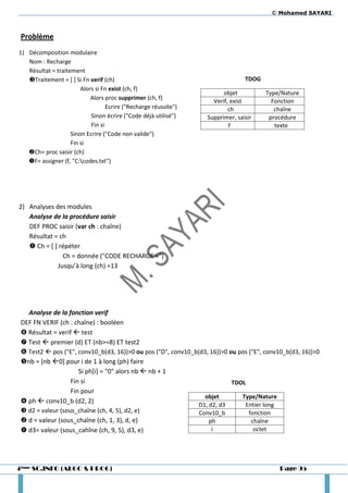 © Mohamed SAYARI



 Problème
1) Décomposition modulaire
   Nom : Recharge
   Résultat = traitement
   Traitement = [ ] Si Fn verif (ch)                                           TDOG
                        Alors si Fn exist (ch, f)
                                                                        objet          Type/Nature
                            Alors proc supprimer (ch, f)
                                                                    Verif, exist         Fonction
                                   Ecrire ("Recharge réussite")           ch              chaîne
                            Sinon écrire ("Code déjà utilisé")    Supprimer, saisir     procédure
                            Fin si                                        f               texte
                    Sinon Ecrire ("Code non valide")
                    Fin si
   Ch= proc saisir (ch)
   F= assigner (f, "C:codes.txt")




2) Analyses des modules
   Analyse de la procédure saisir
   DEF PROC saisir (var ch : chaîne)
   Résultat = ch
    Ch = [ ] répéter
               Ch = donnée ("CODE RECHARGE =")
             Jusqu’à long (ch) =13




   Analyse de la fonction verif
 DEF FN VERIF (ch : chaîne) : booléen
  Résultat = verif  test
  Test  premier (d) ET (nb>=8) ET test2
  Test2  pos ("E", conv10_b(d3, 16))>0 ou pos ("D", conv10_b(d3, 16))>0 ou pos ("E", conv10_b(d3, 16))>0
 nb = [nb 0] pour i de 1 à long (ph) faire
                      Si ph[i] = "0" alors nb  nb + 1
                   Fin si                                                  TDOL
                   Fin pour
                                                                 objet        Type/Nature
  ph  conv10_b (d2, 2)
                                                               D1, d2, d3      Entier long
  d2 = valeur (sous_chaîne (ch, 4, 5), d2, e)                 Conv10_b          fonction
  d = valeur (sous_chaîne (ch, 1, 3), d, e)                       ph             chaîne
  d3= valeur (sous_cahîne (ch, 9, 5), d3, e)                       i              octet




4ème SC.INFO (ALGO & PROG)                                                                  Page 95
 