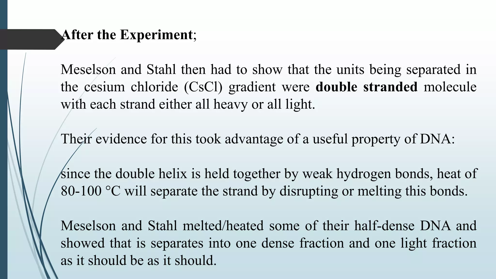 After the Experiment;
Meselson and Stahl then had to show that the units being separated in
the cesium chloride (CsCl) gradient were double stranded molecule
with each strand either all heavy or all light.
Their evidence for this took advantage of a useful property of DNA:
since the double helix is held together by weak hydrogen bonds, heat of
80-100 °C will separate the strand by disrupting or melting this bonds.
Meselson and Stahl melted/heated some of their half-dense DNA and
showed that is separates into one dense fraction and one light fraction
as it should be as it should.
 
