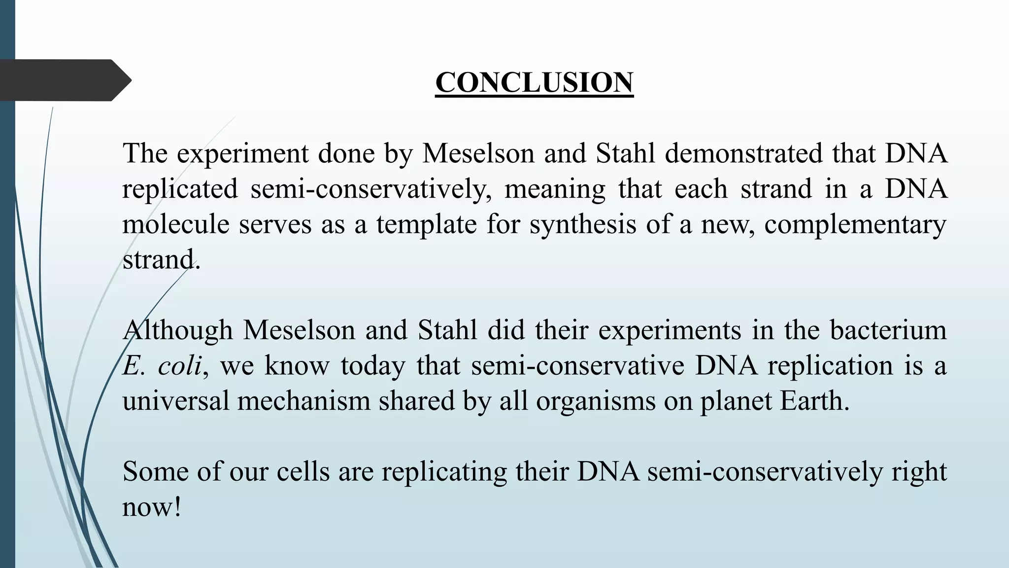 CONCLUSION
The experiment done by Meselson and Stahl demonstrated that DNA
replicated semi-conservatively, meaning that each strand in a DNA
molecule serves as a template for synthesis of a new, complementary
strand.
Although Meselson and Stahl did their experiments in the bacterium
E. coli, we know today that semi-conservative DNA replication is a
universal mechanism shared by all organisms on planet Earth.
Some of our cells are replicating their DNA semi-conservatively right
now!
 