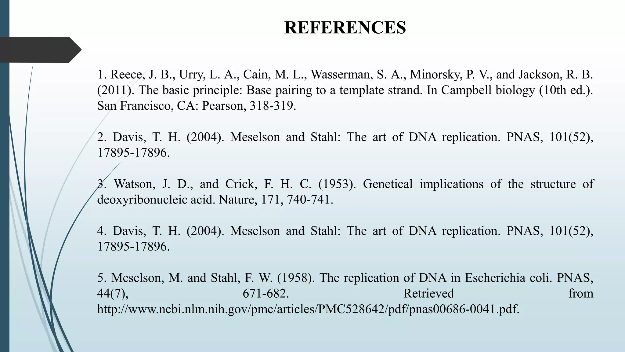 REFERENCES
1. Reece, J. B., Urry, L. A., Cain, M. L., Wasserman, S. A., Minorsky, P. V., and Jackson, R. B.
(2011). The basic principle: Base pairing to a template strand. In Campbell biology (10th ed.).
San Francisco, CA: Pearson, 318-319.
2. Davis, T. H. (2004). Meselson and Stahl: The art of DNA replication. PNAS, 101(52),
17895-17896.
3. Watson, J. D., and Crick, F. H. C. (1953). Genetical implications of the structure of
deoxyribonucleic acid. Nature, 171, 740-741.
4. Davis, T. H. (2004). Meselson and Stahl: The art of DNA replication. PNAS, 101(52),
17895-17896.
5. Meselson, M. and Stahl, F. W. (1958). The replication of DNA in Escherichia coli. PNAS,
44(7), 671-682. Retrieved from
http://www.ncbi.nlm.nih.gov/pmc/articles/PMC528642/pdf/pnas00686-0041.pdf.
 