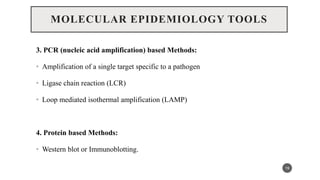 MOLECULAR EPIDEMIOLOGY TOOLS
3. PCR (nucleic acid amplification) based Methods:
• Amplification of a single target specific to a pathogen
• Ligase chain reaction (LCR)
• Loop mediated isothermal amplification (LAMP)
4. Protein based Methods:
• Western blot or Immunoblotting.
19
 