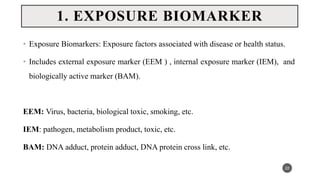 • Exposure Biomarkers: Exposure factors associated with disease or health status.
• Includes external exposure marker (EEM ) , internal exposure marker (IEM), and
biologically active marker (BAM).
EEM: Virus, bacteria, biological toxic, smoking, etc.
IEM: pathogen, metabolism product, toxic, etc.
BAM: DNA adduct, protein adduct, DNA protein cross link, etc.
22
1. EXPOSURE BIOMARKER
 