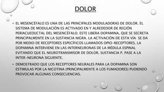 DOLOR
• EL MESENCÉFALO ES UNA DE LAS PRINCIPALES MODULADORAS DE DOLOR. EL
SISTEMA DE MODULACIÓN ES ACTIVADO EN Y ALREDEDOR DE REGIÓN
PERIACUEDUCTAL DEL MESENCÉFALO. ESTE LIBERA DOPAMINA, QUE SE SECRETA
PRINCIPALMENTE EN LA SUSTANCIA NIGRA. LA ACTIVACIÓN DE ESTA VÍA SE DA
POR MEDIO DE RECEPTORES ESPECÍFICOS LLAMADOS OPIO-RECEPTORES. LA
DOPAMINA INTERVIENE EN LAS INTERNEURONAS DE LA MÉDULA ESPINAL
EVITANDO QUE EL NEUROTRANSMISOR DE DOLOR, SUSTANCIA P, PASE A LA
INTER-NEURONA SIGUIENTE.
• DEMOSTRADO QUE LOS RECEPTORES NEURALES PARA LA DOPAMINA SON
ESTIMULAS POR LA NICOTINA (PRINCIPALMENTE A LOS FUMADORES) PUDIENDO
PROVOCAR ALGUNAS CONSECUENCIAS.
 