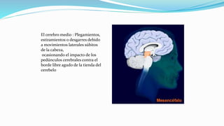 El cerebro medio : Plegamientos,
estiramientos o desgarres debido
a movimientos laterales súbitos
de la cabeza,
ocasionando el impacto de los
pedúnculos cerebrales contra el
borde libre agudo de la tienda del
cerebelo
 