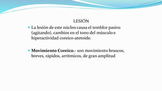 LESIÓN
 La lesión de este núcleo causa el temblor pasivo
(agitando), cambios en el tono del músculo e
hiperactividad coreico-atetoide.
 Movimiento Coreico.- son movimiento bruscos,
breves, rápidos, arrítmicos, de gran amplitud
 