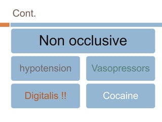 Cont.
Non occlusive
hypotension
Digitalis !!
Vasopressors
Cocaine
 