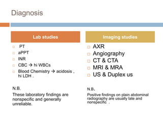 Diagnosis
 PT
 aPPT
 INR
 CBC  hi WBCs
 Blood Chemistry  acidosis ,
hi LDH .
N.B.
These laboratory findings are
nonspecific and generally
unreliable.
 AXR
 Angiography
 CT & CTA
 MRI & MRA
 US & Duplex us
N.B.
Positive findings on plain abdominal
radiography are usually late and
nonspecific .
Lab studies Imaging studies
 