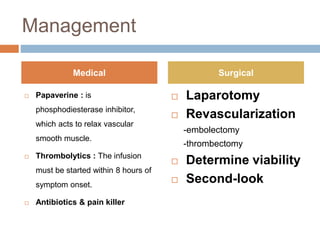 Management
 Papaverine : is
phosphodiesterase inhibitor,
which acts to relax vascular
smooth muscle.
 Thrombolytics : The infusion
must be started within 8 hours of
symptom onset.
 Antibiotics & pain killer
 Laparotomy
 Revascularization
-embolectomy
-thrombectomy
 Determine viability
 Second-look
Medical Surgical
 
