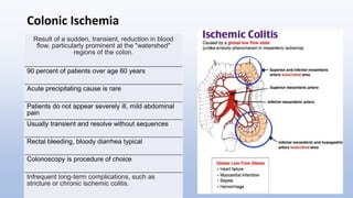 Colonic Ischemia
Result of a sudden, transient, reduction in blood
flow, particularly prominent at the "watershed"
regions of the colon.
90 percent of patients over age 60 years
Acute precipitating cause is rare
Patients do not appear severely ill, mild abdominal
pain
Usually transient and resolve without sequences
Rectal bleeding, bloody diarrhea typical
Colonoscopy is procedure of choice
Infrequent long-term complications, such as
stricture or chronic ischemic colitis.
 