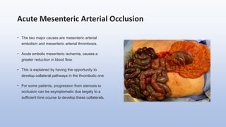 Acute Mesenteric Arterial Occlusion
• The two major causes are mesenteric arterial
embolism and mesenteric arterial thrombosis.
• Acute embolic mesenteric ischemia, causes a
greater reduction in blood flow.
• This is explained by having the opportunity to
develop collateral pathways in the thrombotic one
• For some patients, progression from stenosis to
occlusion can be asymptomatic due largely to a
sufficient time course to develop these collaterals.
 