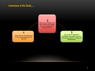 8
Limitations of the Study….,
2
This study has limited to the
BOA and therefore finding
may not be applicable in
the other sector.
3
the spread of respondents'
identified in the sample were have
time taking problems (in filling the
questionnaire)
1
Time frame for the preparation
of the research document was
squeezed
 