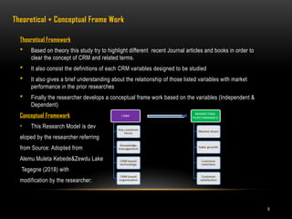 9
Theoretical + Conceptual Frame Work
Theoretical Framework
 Based on theory this study try to highlight different recent Journal articles and books in order to
clear the concept of CRM and related terms.
 It also consist the definitions of each CRM variables designed to be studied
 It also gives a brief understanding about the relationship of those listed variables with market
performance in the prior researches
 Finally the researcher develops a conceptual frame work based on the variables (Independent &
Dependent)
Conceptual Framework
• This Research Model is dev
eloped by the researcher referring
from Source: Adopted from
Alemu Muleta Kebede&Zewdu Lake
Tegegne (2018) with
modification by the researcher:
 
