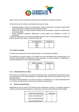  
factor humano, que con imprudencia puede activar la combustión de algunos productos.
Otros factores son los relativos a las fuentes de energía de riesgo:
- Instalación eléctrica: Centros de transformación, redes de distribución de energía, mantenimiento
de las instalaciones. protecciones y dimensionado correcto.
- Calderas de Vapor y de Agua Caliente: Distribución de combustible y estado de mantenimiento
de los quemadores.
- Puntos específicos peligrosos: Operaciones a llama abierta, con soldaduras y sección de
barnizados.
Cuando las materias primas o productos acabados sean M.0 y M.1 la combustibilidad se considerará
baja. Si son M.2 y M.3, media, y si son M.4 y M.5, alta.
Combustibilidad Coeficiente
Baja 5
Media 3
Alta 0
1.3.2 Orden y limpieza
El criterio para la aplicación de este coeficiente debe ser crecientemente subjetivo.
Se entenderá alto cuando existan y se respeten las zonas delimitadas para almacenamiento, los
productos estén apilados correctamente en lugar adecuado, no exista suciedad, ni desperdicios o
recortes repartidos por la nave indiscriminadamente.
Orden y limpieza Coeficiente
Bajo 0
Media 5
Alto 10
1.3.3. Almacenamiento en altura
Se ha hecho una simplificación en el factor de almacenamiento, considerándose únicamente la altura,
por entenderse que una mala distribución en superficie puede asumirse como falta de orden en el
apartado anterior.
Si la altura del almacenamiento es menor de 2 metros, el coeficiente es 3; si está comprendida entre
2 y 4 metros, el coeficiente es 2; para más de 6 metros le corresponde 0.
1.4. Factor de concentración
Representa el valor en pts/m
2
del contenido de las instalaciones a evaluar. Es necesario tenerlo en
cuenta ya que las protecciones deben ser superiores en caso de concentraciones altas de capital.
Factor de concentración Coeficiente
Menor de 50.000 pts/m
2
3
Entre 50 y 200.000 pts/m
2
2
Más de 200.000 pts/m
2
0
 
