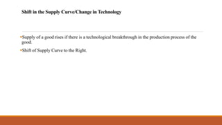 Shift in the Supply Curve/Change in Technology
▪Supply of a good rises if there is a technological breakthrough in the production process of the
good.
▪Shift of Supply Curve to the Right.
 