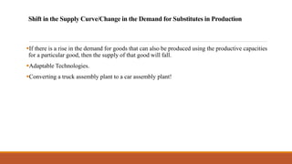 Shift in the Supply Curve/Change in the Demand for Substitutes in Production
▪If there is a rise in the demand for goods that can also be produced using the productive capacities
for a particular good, then the supply of that good will fall.
▪Adaptable Technologies.
▪Converting a truck assembly plant to a car assembly plant!
 