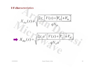 2 ( )
( )
s G bi
dep
D
V x V V
X x
qN
ε  + + 
 
=
I-V characteristics
2/19/2021 14
Arpan Deyasi, India
2
2
2 ( )
( )
s G bi
dep
D
a V x V V
X x
qN a
ε  + + 
 
=
 