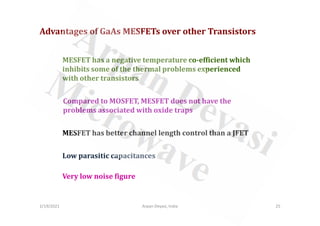 Advantages of GaAs MESFETs over other Transistors
MESFET has a negative temperature co-efficient which
inhibits some of the thermal problems experienced
with other transistors
Compared to MOSFET, MESFET does not have the
problems associated with oxide traps
2/19/2021 Arpan Deyasi, India 25
Low parasitic capacitances
Very low noise figure
problems associated with oxide traps
MESFET has better channel length control than a JFET
 