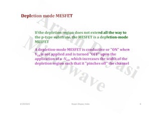If the depletion region does not extend all the way to
the p-type substrate, the MESFET is a depletion-mode
MESFET
A depletion-mode MESFET is conductive or "ON" when
VGS is not applied and is turned "OFF" upon the
application of a -V , which increases the width of the
Depletion mode MESFET
2/19/2021 6
Arpan Deyasi, India
application of a -VGS, which increases the width of the
depletion region such that it "pinches off" the channel
 
